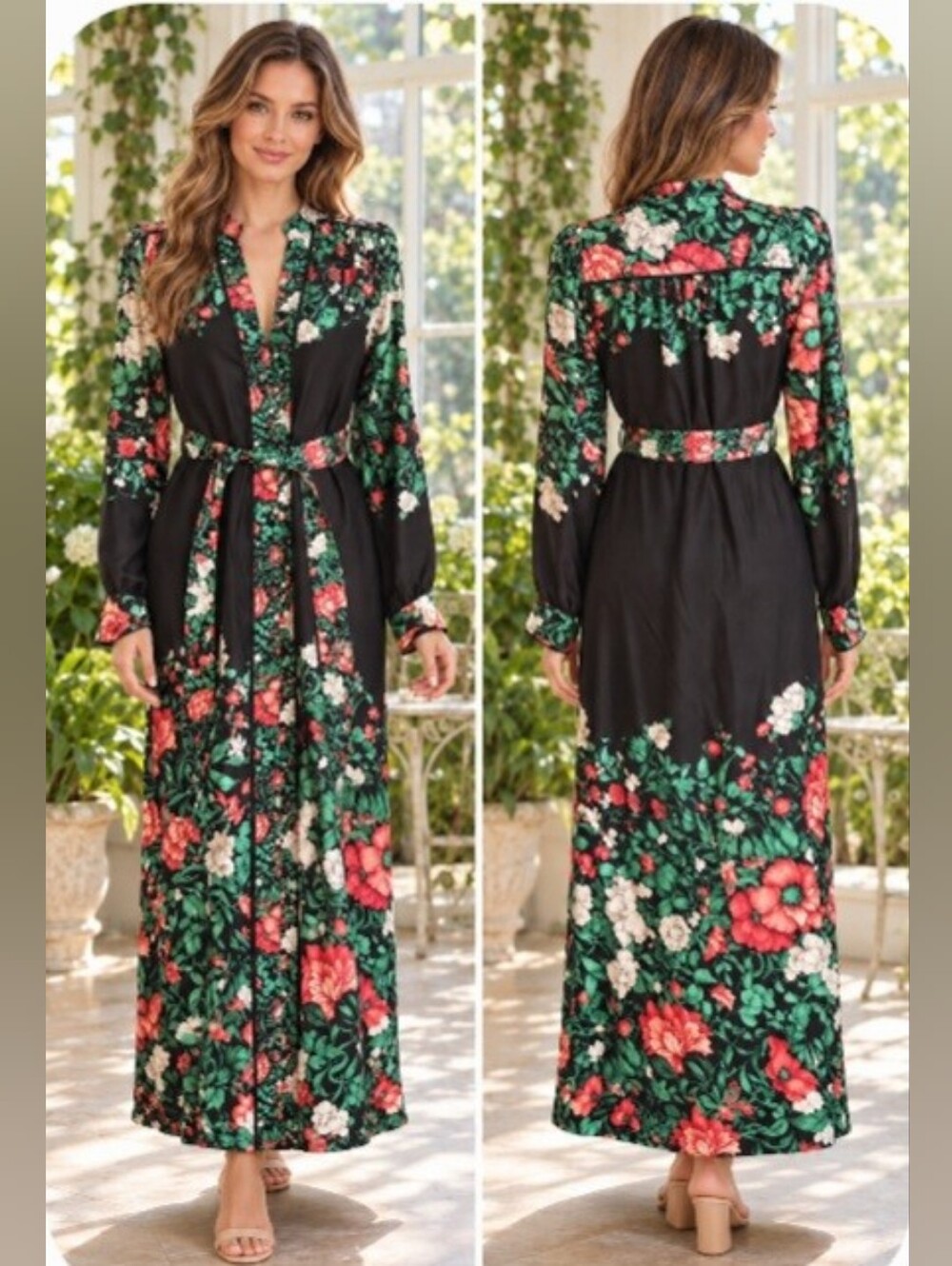 Anthropologie Black Maxi Dress with Green and Coral Floral Print